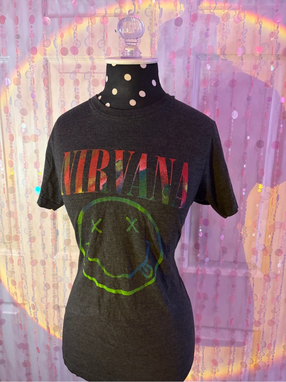 NIRVANA Dark Gray Tee with Rainbow Logo and Neon Smiley